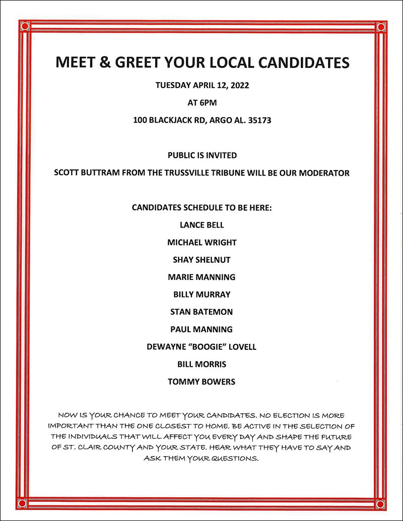 Meet the Candidates | City of Argo invites your to Meet & Greet Your Local Candidates on Tuesday, April 12 at 6 pm | Argo City Hall, Argo, AL