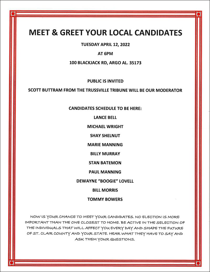 Meet the Candidates | City of Argo invites your to Meet & Greet Your Local Candidates on Tuesday, April 12 at 6 pm | Argo City Hall, Argo, AL