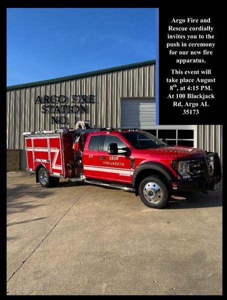 Please join us Monday, August 8, 2022 at 4:15 pm for the push in ceremony of the Argo Fire Departments New Fire Apparatus!  Please see the attached flier for details!