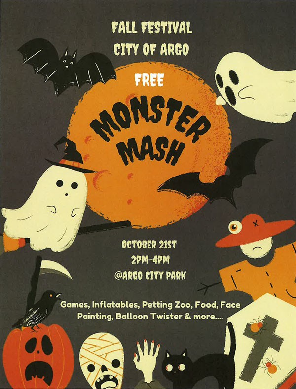 Mark your calendars now for Argo Fall Festival 2023, Monster Mash, scheduled for October 21st from 4-6 PM at Argo City Park. If you would like to be a sponsor or have a vendor space at the event, please complete the form and return with your sponsorship or event space information. You can download the PDF forms below: Download Flyer and Form PDF