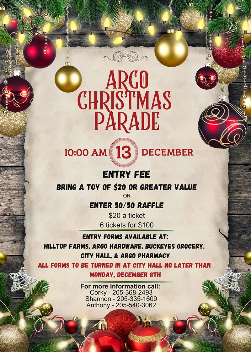 You are invited to participate with the Argo Christmas Parade 2025 on December 13 at 10:00 am. Entry fee: Please bring a toy of $20 or greater