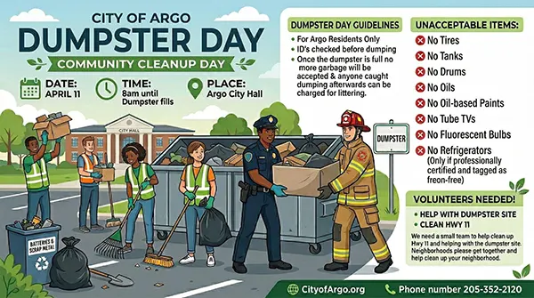 The City of Argo is hosting a Dumpster Day this Saturday, April 11, 2026.