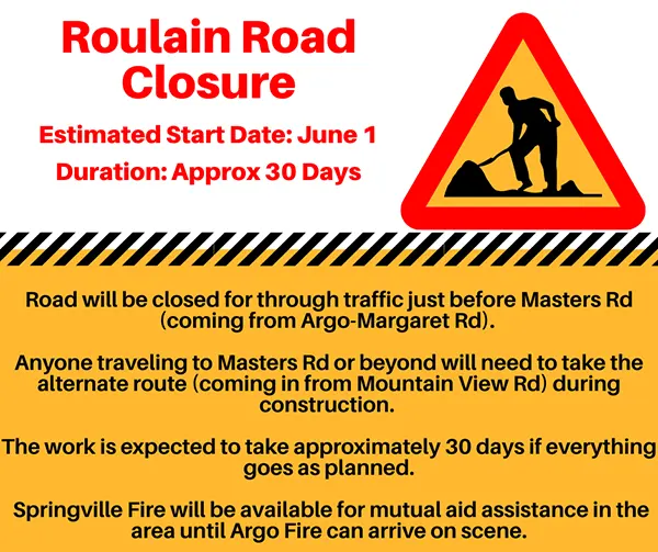 City of Argo Public Service Announcement regarding Roulaine Road Closure and work beginning June 1, 2026 and will last approximately 30 days